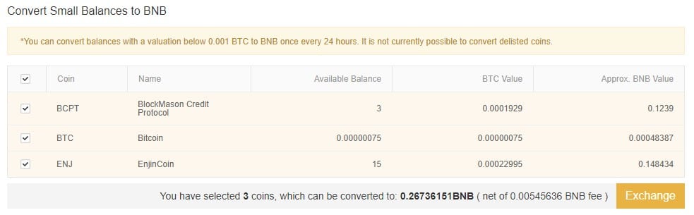 Here I can convert small balances to BNB on Binance
