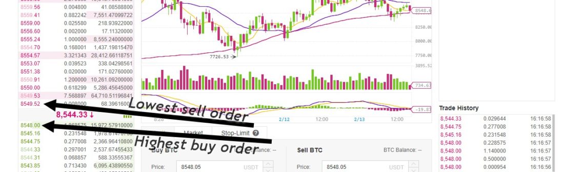 The lowest sell price for Bitcoin at Binance at this moment is 8549 Dollar, and the highest buy order is 8548 Dollar (making it only 1 Dollar in between the two numbers) 