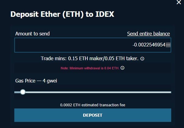 deposit ether to IDEX