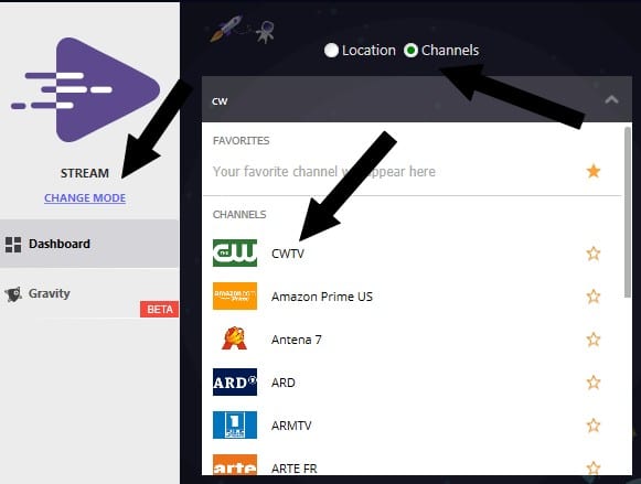 Select streaming mode, choose "Channels" and select CWTV.