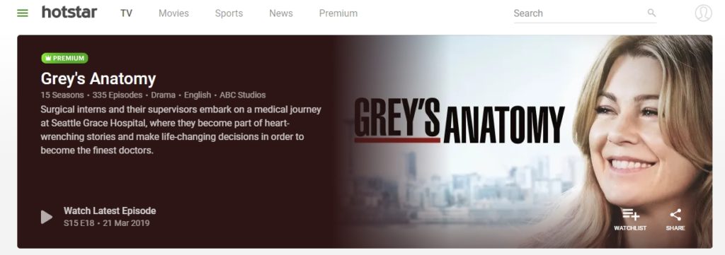 Watching Grey's Anatomy online on Hotstar in India
