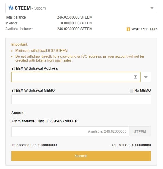 Withdraw Steem tokens from Binance (and send them to Steemit)