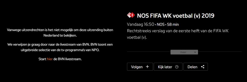 Feilmelding når du forsøker å se innholdet på NPO.nl utenfor Nederland.