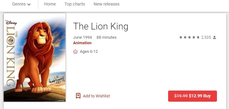 The Lion King on Google Play Store (American version)