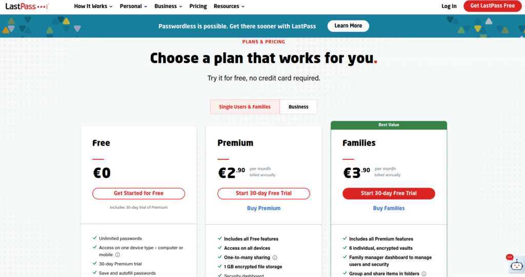 single user plans for lastpass pricing