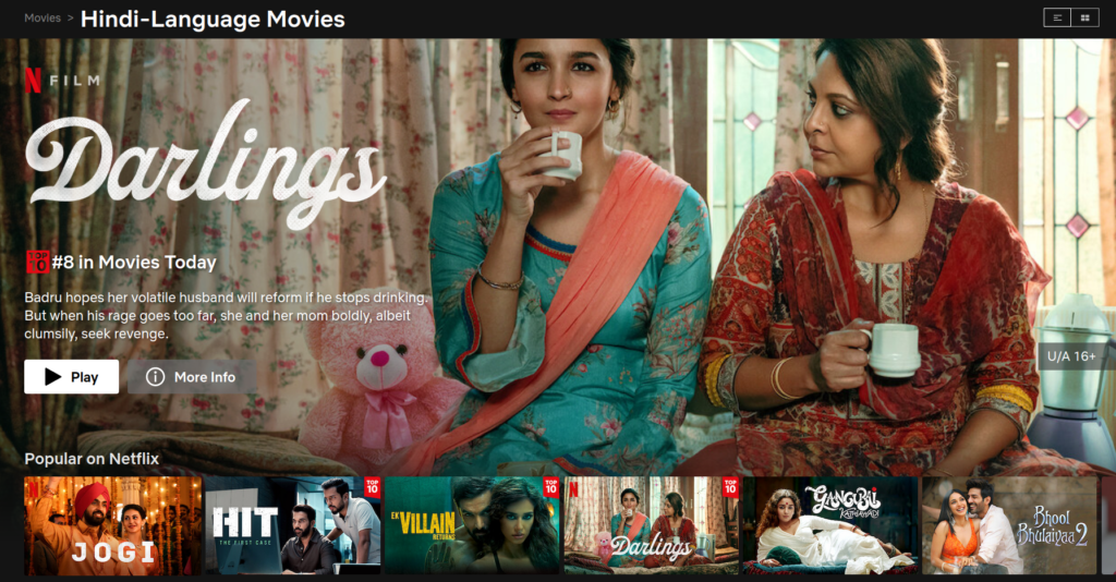 filmes em hindi em linguagem netflix índia