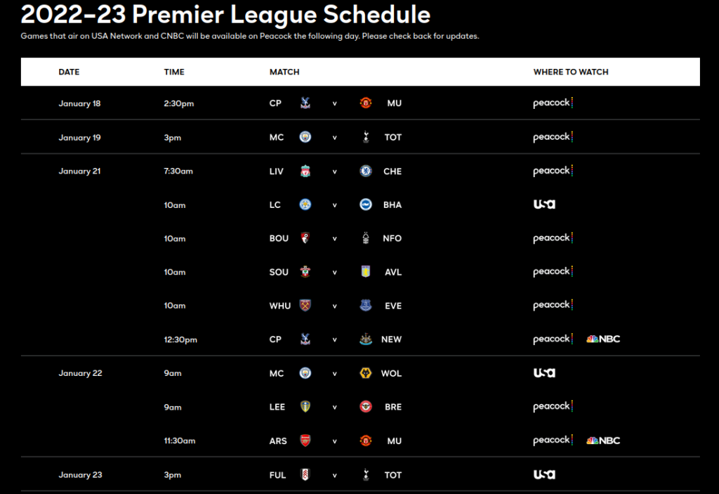 spelschema för Premier League