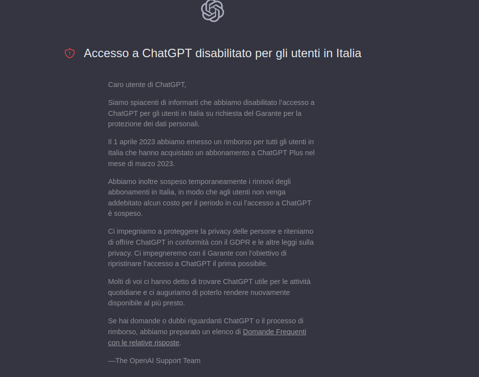 accesso a chatgptt disabilitato per gli utenti in italia.