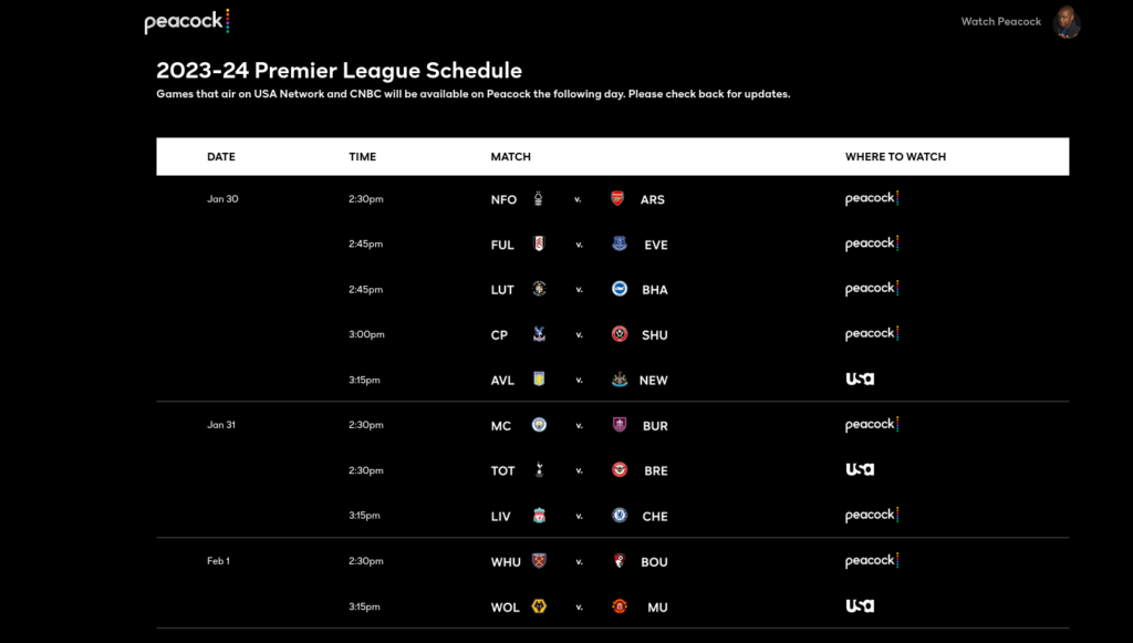 Premier League schedule PeacockTV